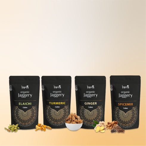 Organic Jaggery Set of 4 (Ginger, Elaichi, Spicemix & Turmeric)